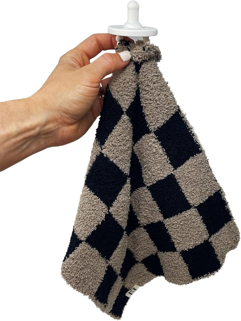 Leaps + Legends L+L USA Checkered Baby Lovey Pacifier/Teether Holder 10"x10" - DreamSoft Plush Fluffy Cuddly Soothie Reversible Mini Comfort Blanket - Cute Newborn Gift Essential for Babies Boys Girls (Black/Brown) - Image 2